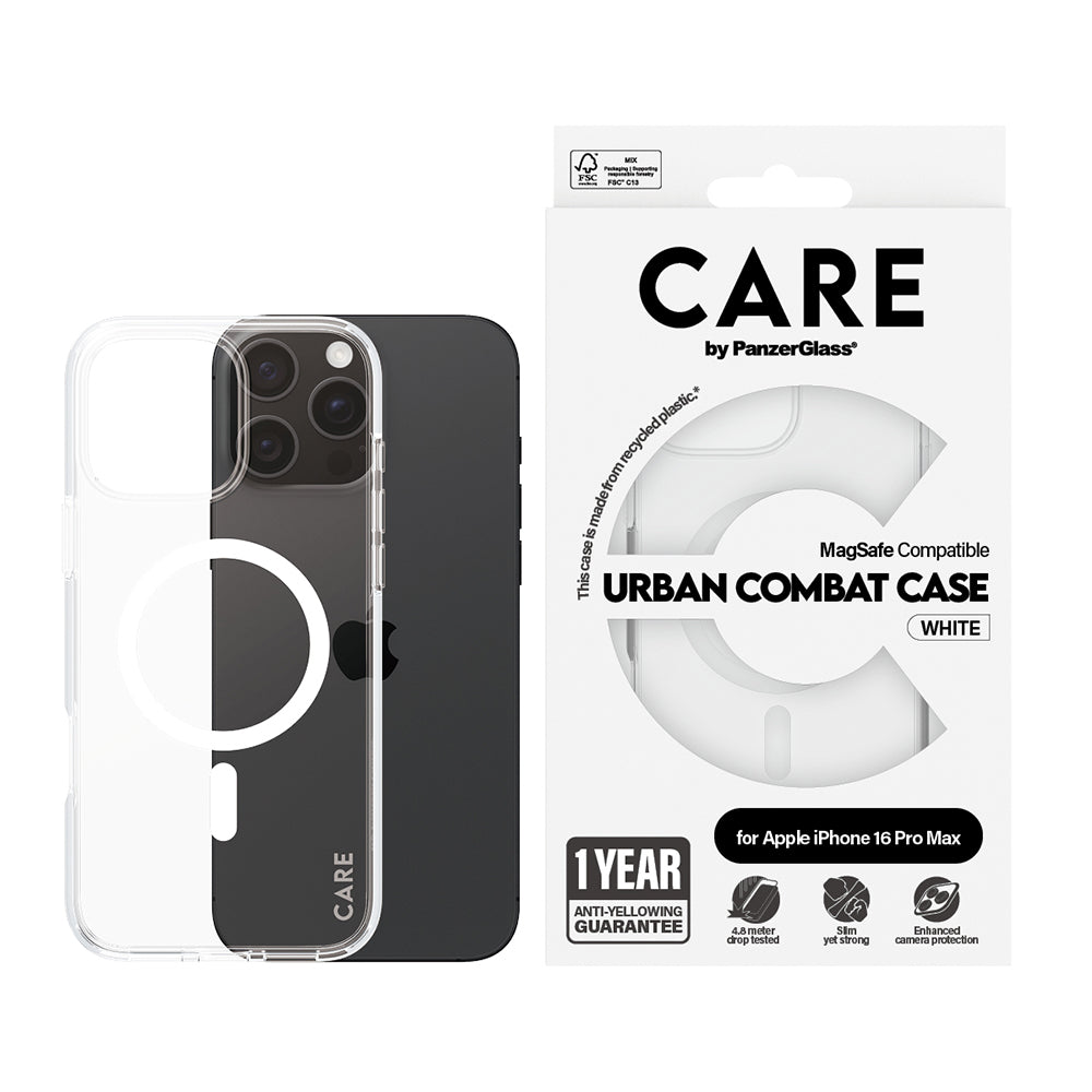 Ovitek MagSafe za Apple iPhone 16 Pro Max, PanzerGlass, Care Urban Combat, Prozorno Bel