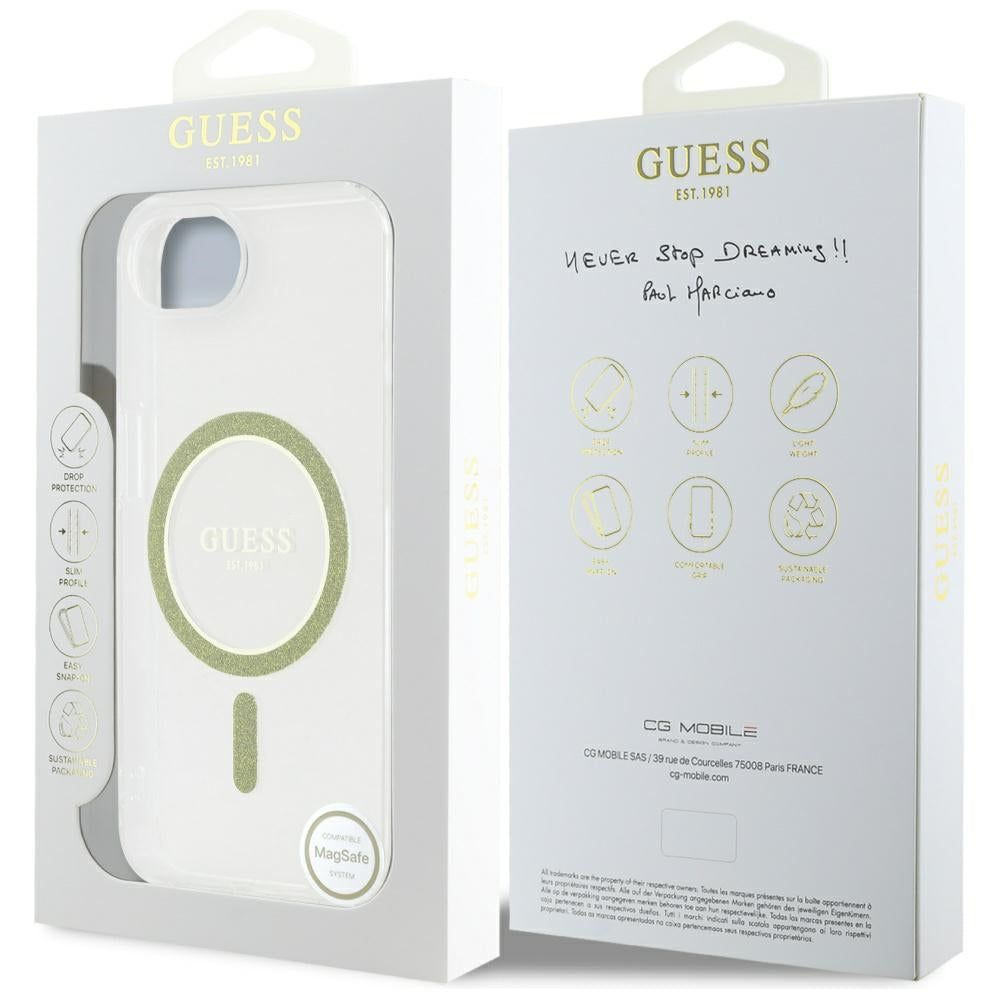Ovitek MagSafe za Apple iPhone 16e, Guess, IML Glitter Circle, Prozoren