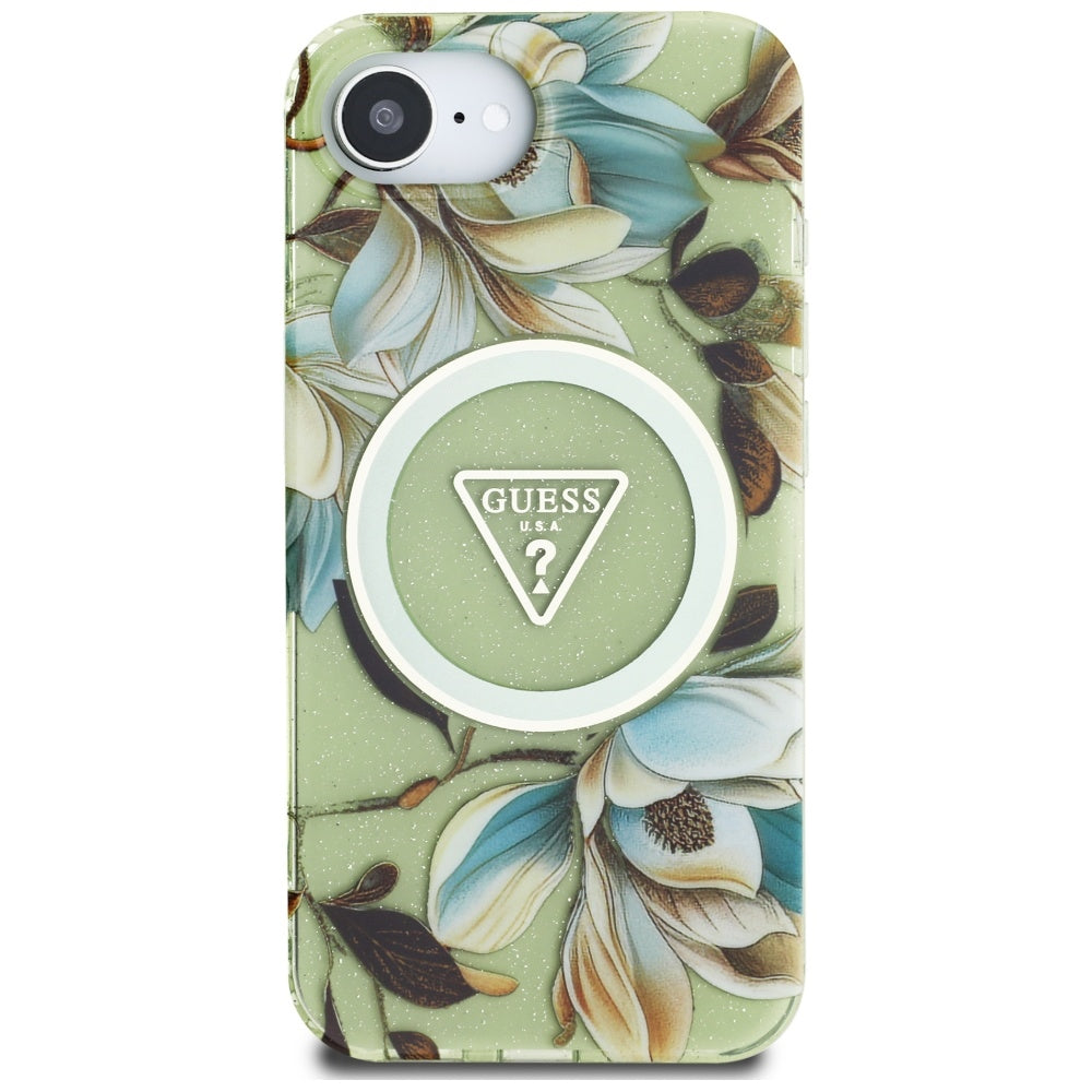 Ovitek MagSafe za Apple iPhone 16e, Guess, IML Metal Glitter Flowers Triangle, Zelen
