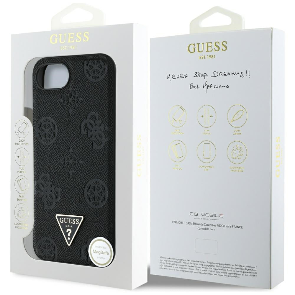 Ovitek MagSafe za Apple iPhone 16e, Guess, Peony Grained Hot Stamp Triangle, Črna