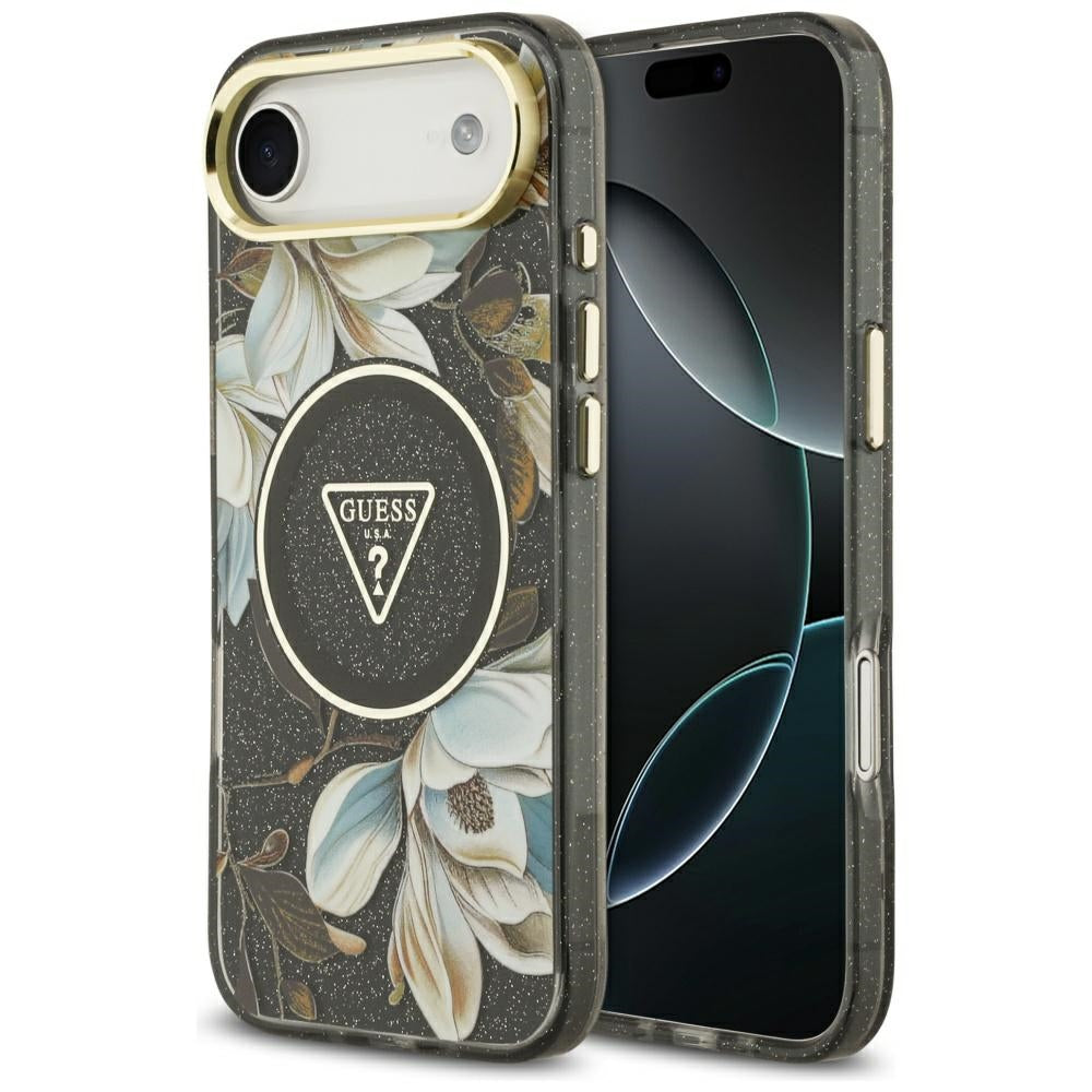 Ovitek MagSafe za Apple iPhone 17 Air, Guess, IML Metal Glitter Flowers Triangle, Črna