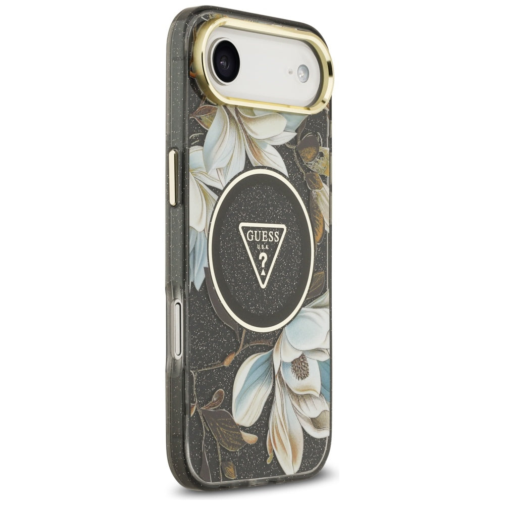 Ovitek MagSafe za Apple iPhone 17 Air, Guess, IML Metal Glitter Flowers Triangle, Črna