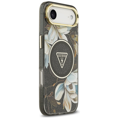 Ovitek MagSafe za Apple iPhone 17 Air, Guess, IML Metal Glitter Flowers Triangle, Črna