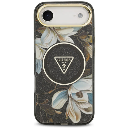 Ovitek MagSafe za Apple iPhone 17 Air, Guess, IML Metal Glitter Flowers Triangle, Črna