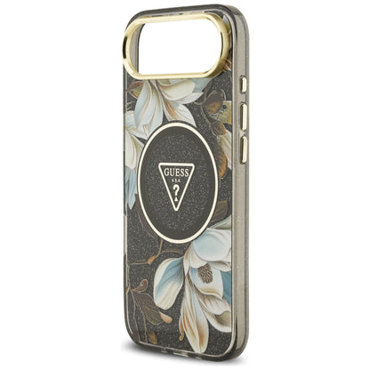 Ovitek MagSafe za Apple iPhone 17 Air, Guess, IML Metal Glitter Flowers Triangle, Črna