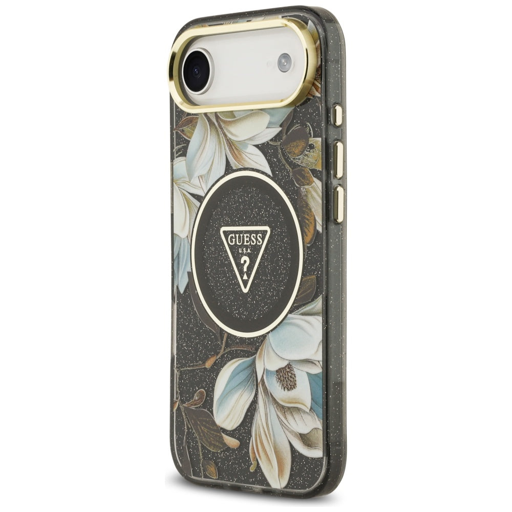 Ovitek MagSafe za Apple iPhone 17 Air, Guess, IML Metal Glitter Flowers Triangle, Črna