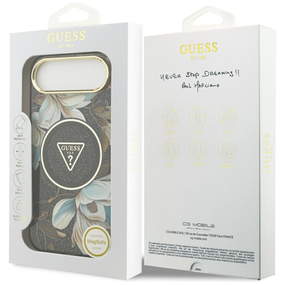Ovitek MagSafe za Apple iPhone 17 Air, Guess, IML Metal Glitter Flowers Triangle, Črna