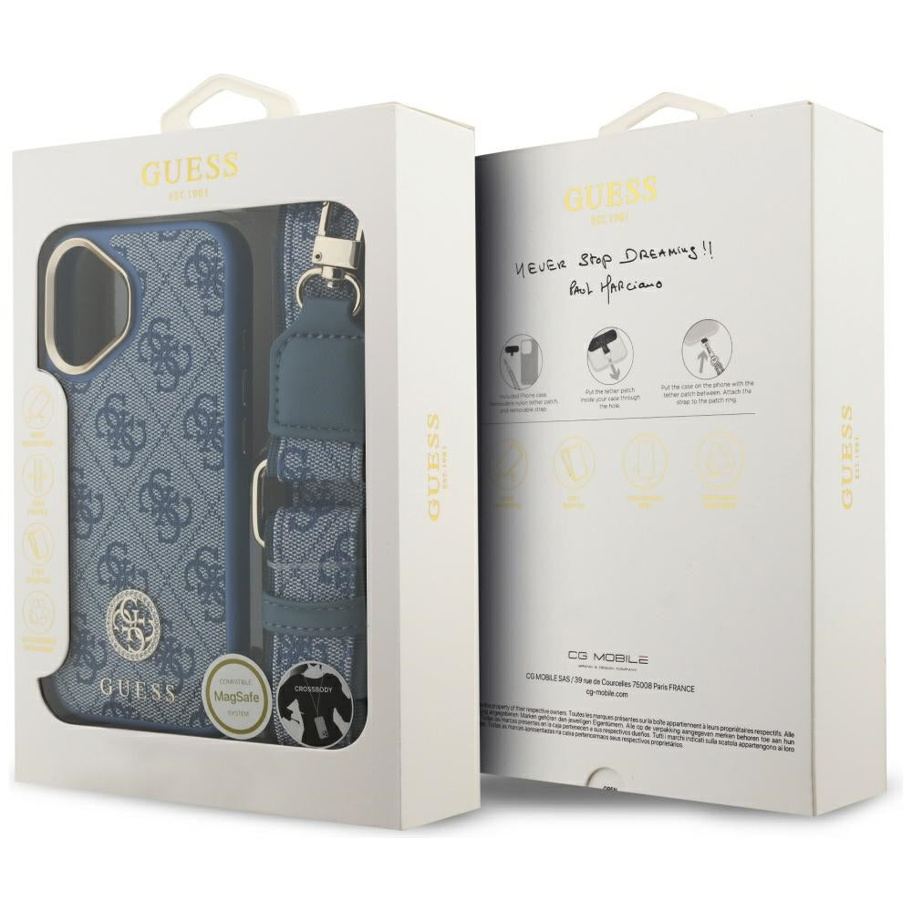 MagSafe ovitek za Apple iPhone 17, Guess, 4G Strass Logo with Big Strap, Modra