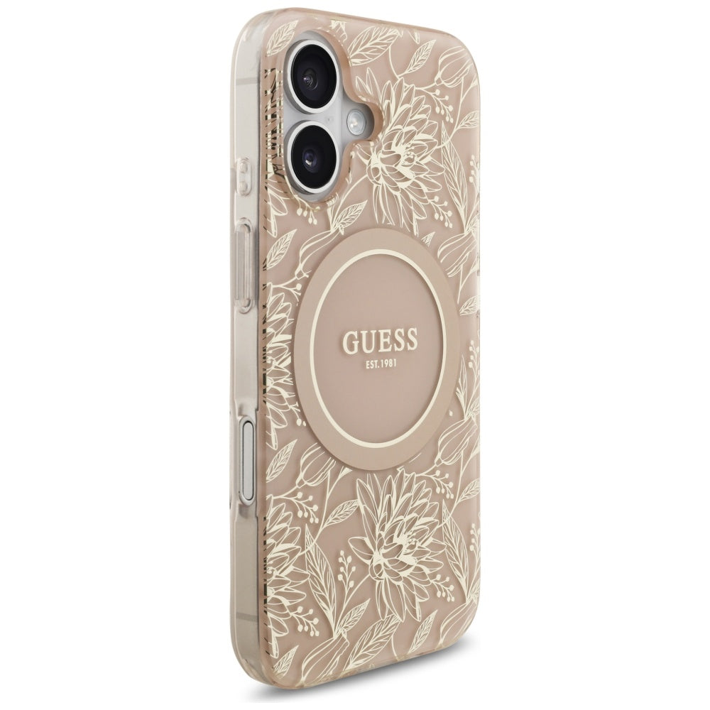 Ovitek MagSafe za Apple iPhone 17, Guess, IML Flowers Allover Electroplated with Pearl Strap, Črna
