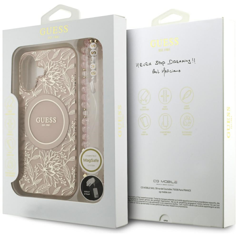 Ovitek MagSafe za Apple iPhone 17, Guess, IML Flowers Allover Electroplated with Pearl Strap, Črna
