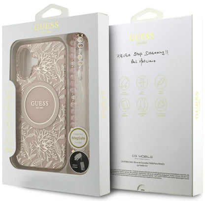 Ovitek MagSafe za Apple iPhone 17, Guess, IML Flowers Allover Electroplated with Pearl Strap, Črna
