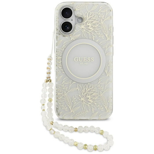 Ovitek MagSafe za Apple iPhone 17, Guess, IML Flowers with Pearl Strap, Bela