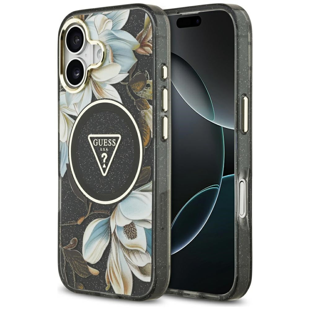 Ovitek MagSafe za Apple iPhone 17, Guess, IML Metal Glitter Flowers Triangle, črn