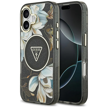 Ovitek MagSafe za Apple iPhone 17, Guess, IML Metal Glitter Flowers Triangle, črn