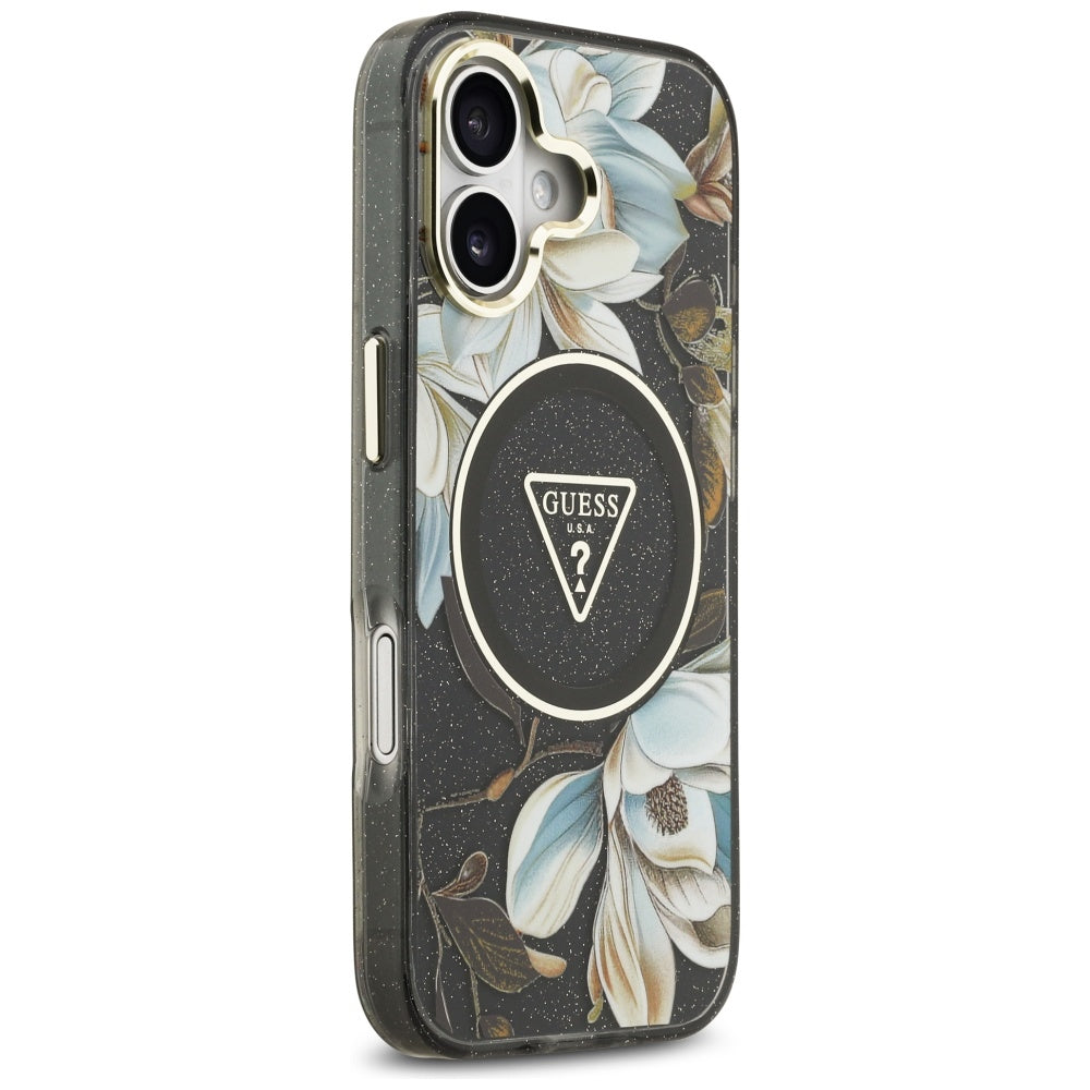 Ovitek MagSafe za Apple iPhone 17, Guess, IML Metal Glitter Flowers Triangle, črn