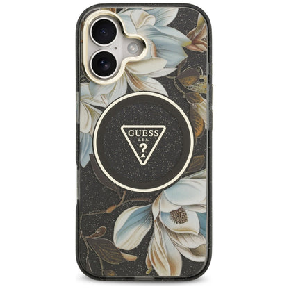 Ovitek MagSafe za Apple iPhone 17, Guess, IML Metal Glitter Flowers Triangle, črn