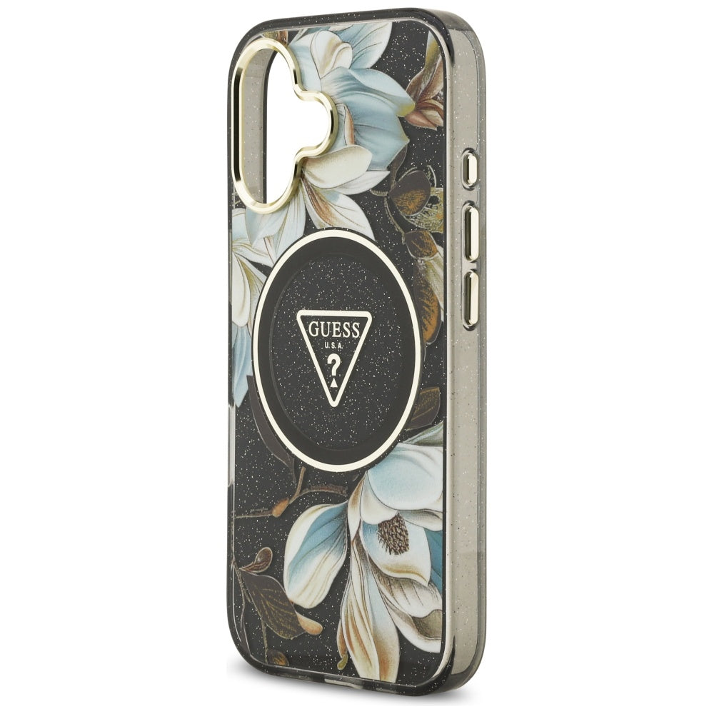 Ovitek MagSafe za Apple iPhone 17, Guess, IML Metal Glitter Flowers Triangle, črn