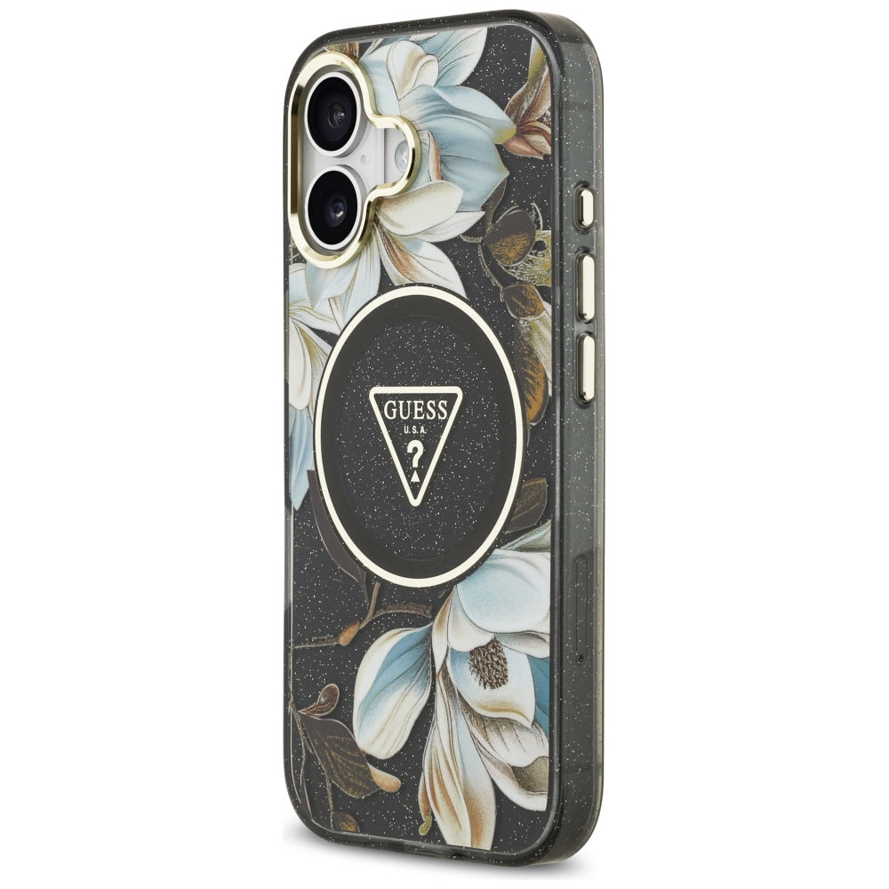 Ovitek MagSafe za Apple iPhone 17, Guess, IML Metal Glitter Flowers Triangle, črn