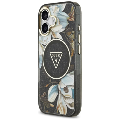 Ovitek MagSafe za Apple iPhone 17, Guess, IML Metal Glitter Flowers Triangle, črn