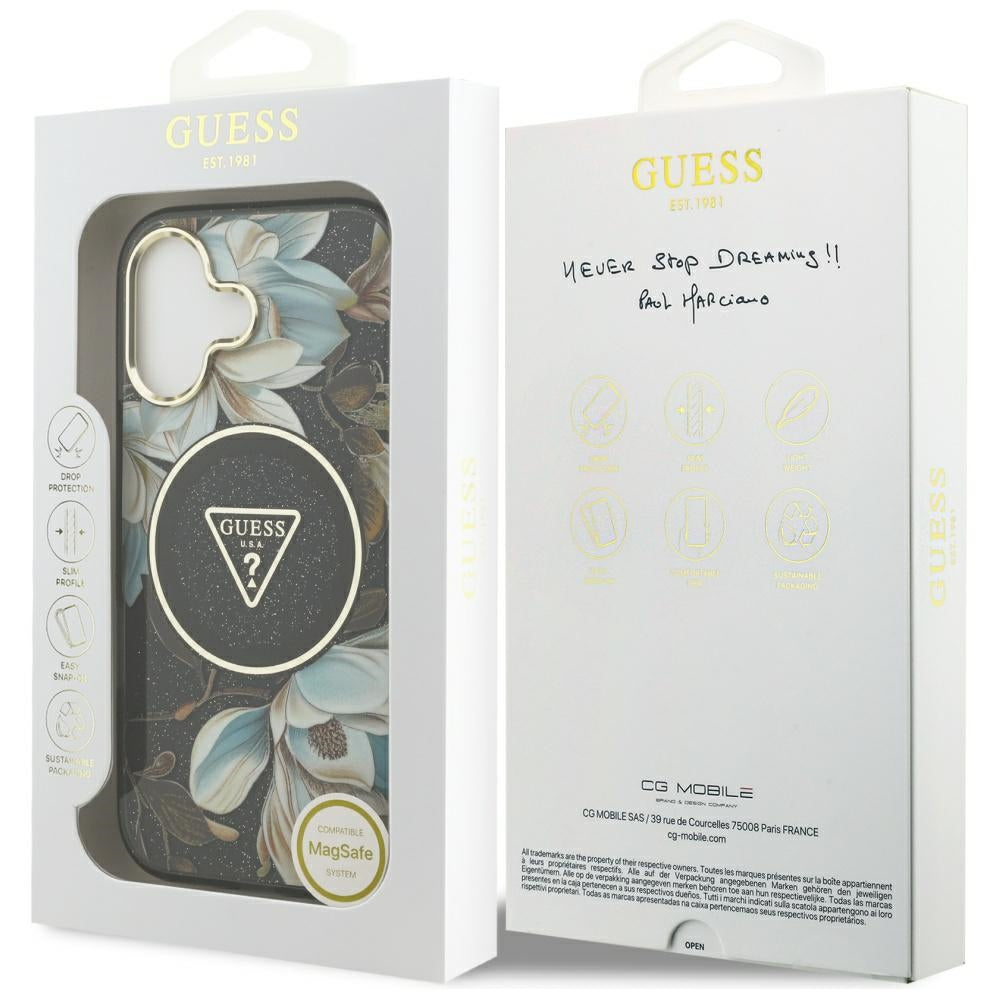 Ovitek MagSafe za Apple iPhone 17, Guess, IML Metal Glitter Flowers Triangle, črn