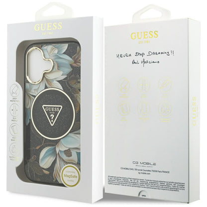 Ovitek MagSafe za Apple iPhone 17, Guess, IML Metal Glitter Flowers Triangle, črn