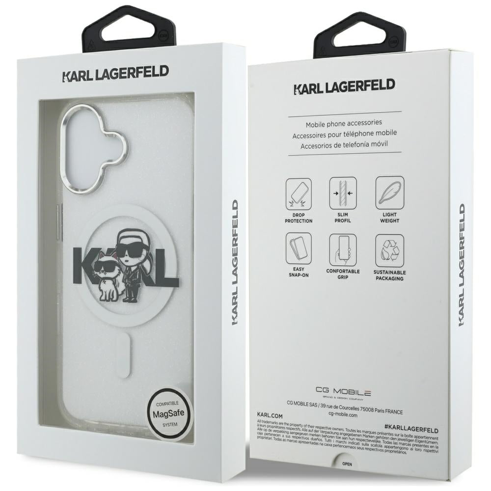 Ovitek MagSafe za Apple iPhone 17, Karl Lagerfeld, IML Sketch Logo Glitter Karl & Choupette, Prozoren