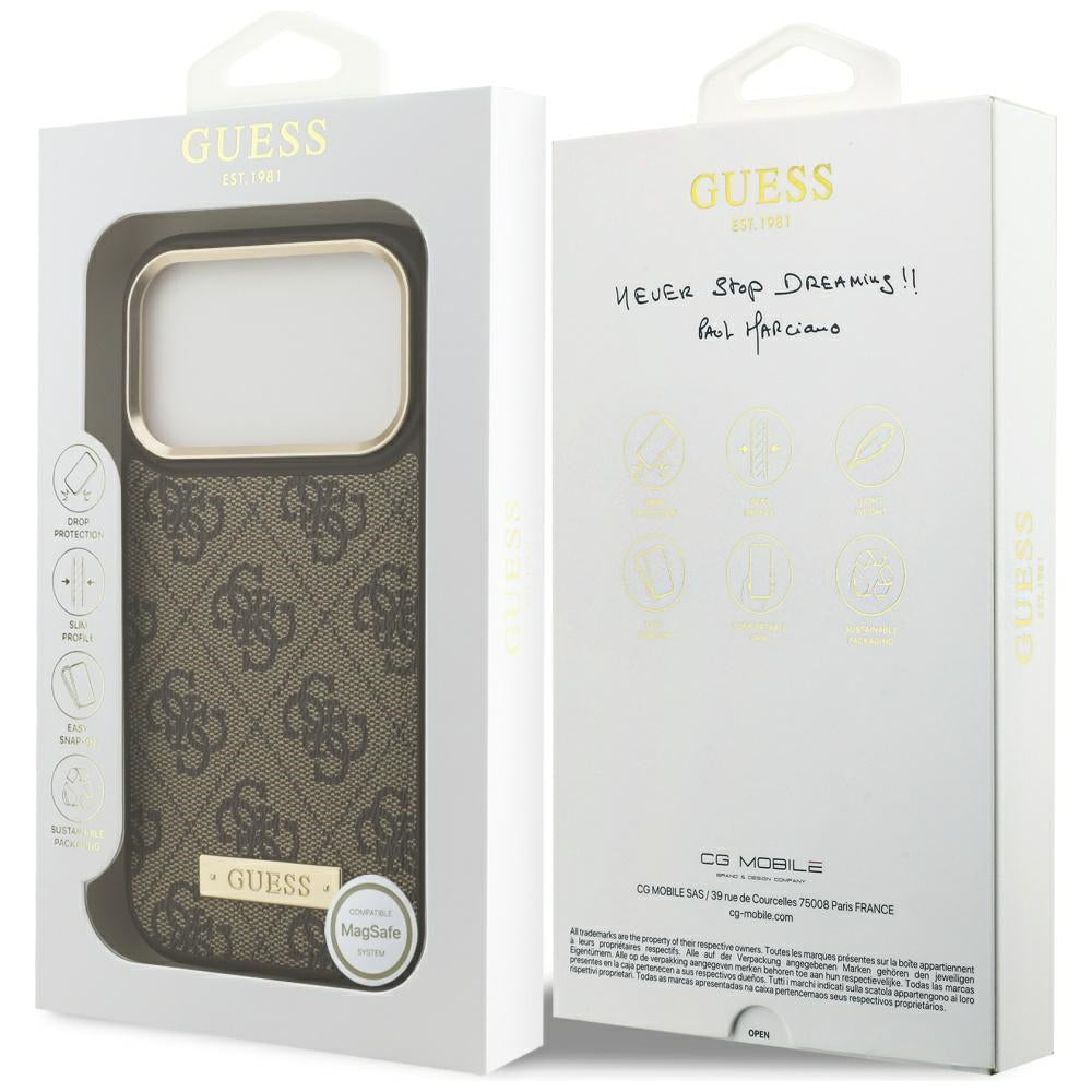 Ovitek MagSafe za Apple iPhone 17 Pro, Guess, 4G Logo Plate, rjava