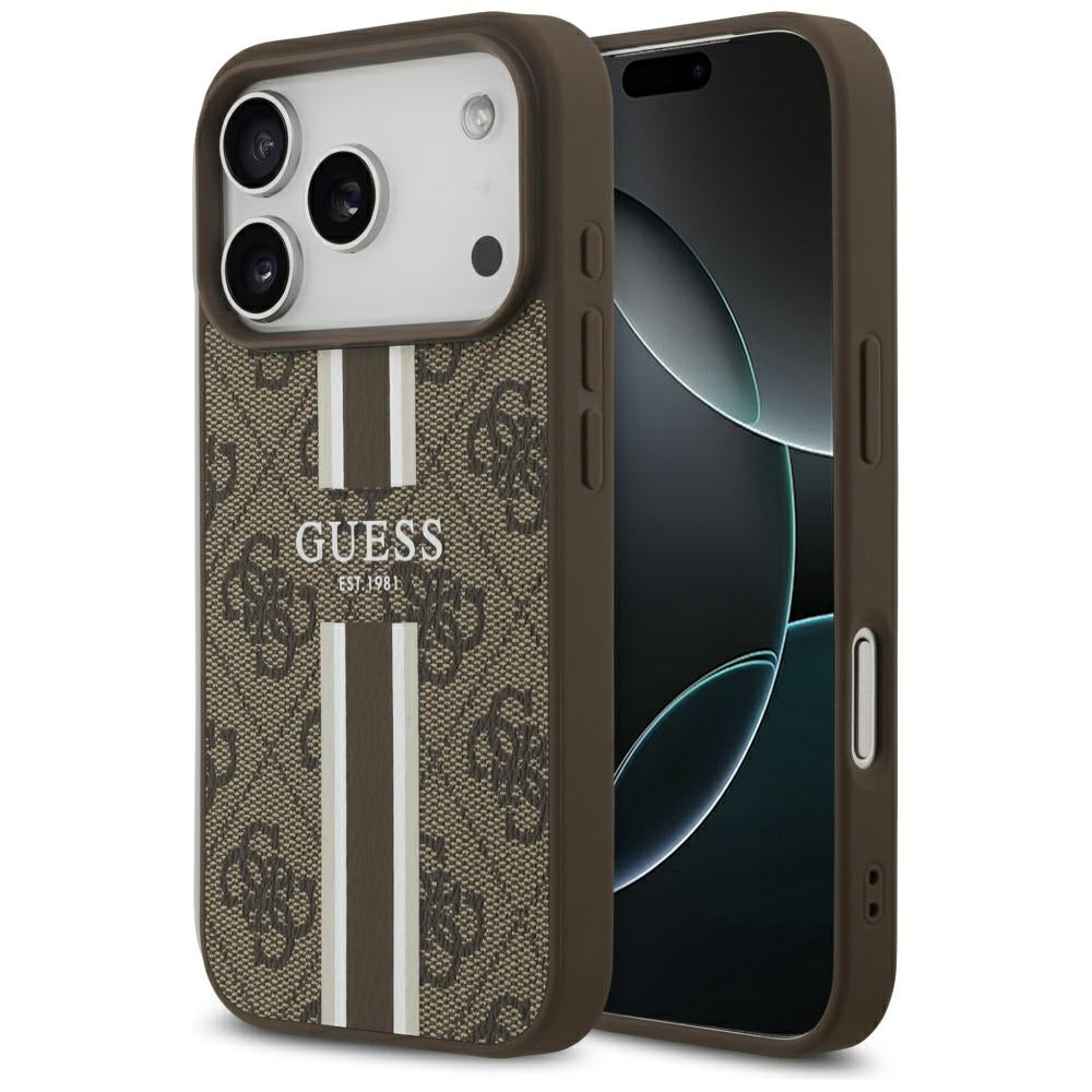 MagSafe ovitek za Apple iPhone 17 Pro, Guess, 4G Printed Stripes, rjava