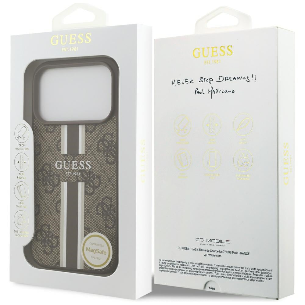 MagSafe ovitek za Apple iPhone 17 Pro, Guess, 4G Printed Stripes, rjava