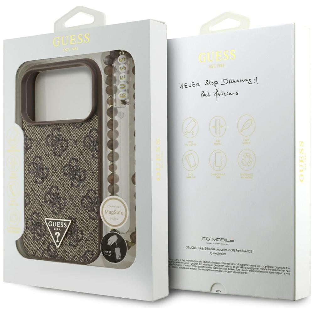 MagSafe ovitek za Apple iPhone 17 Pro, Guess, 4G Triangle Logo with Pearl Strap, rjava