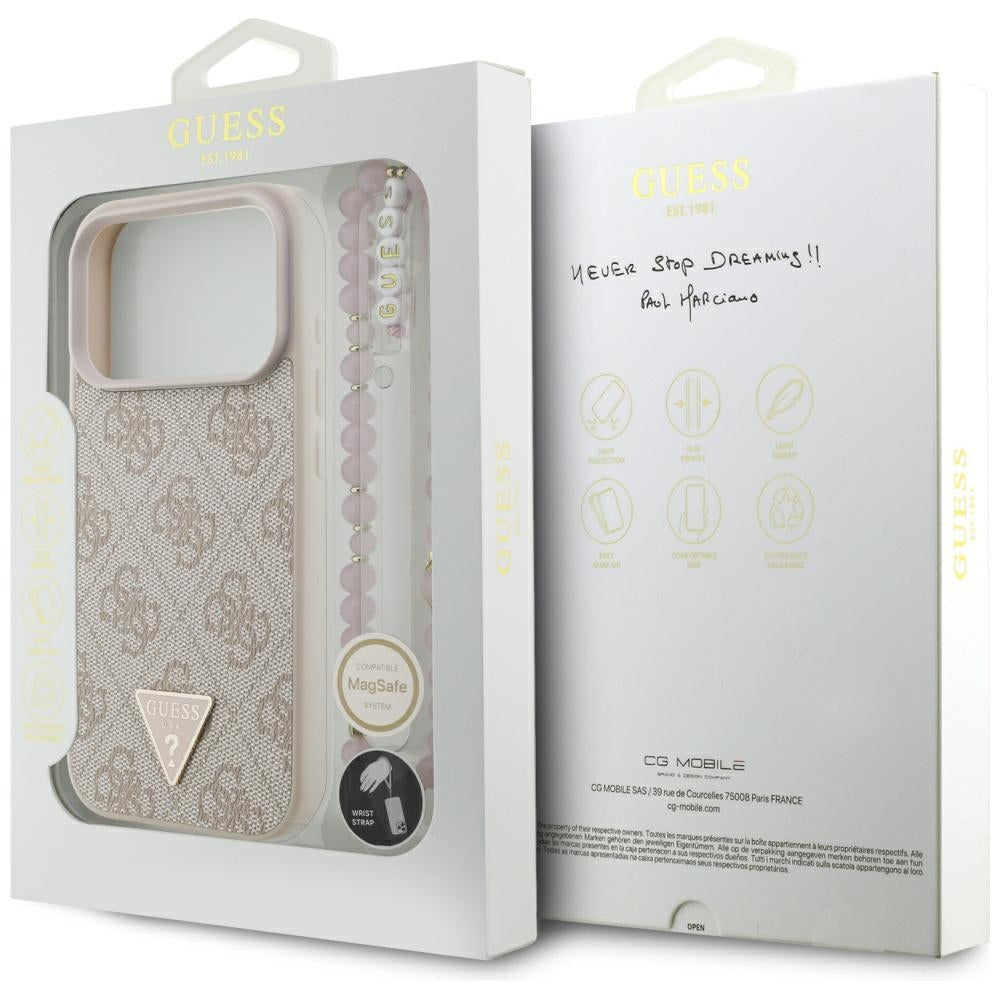 MagSafe ovitek za Apple iPhone 17 Pro, Guess, 4G Triangle Logo with Pearl Strap, Roza