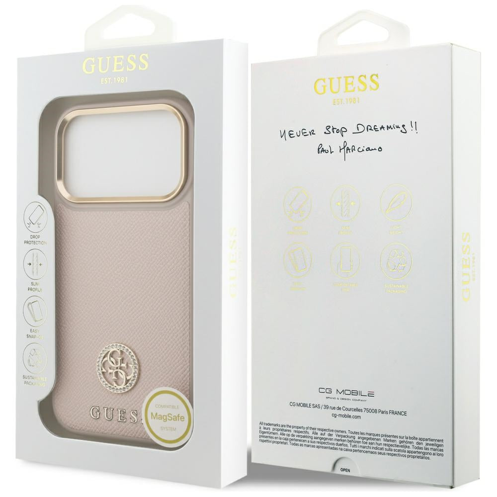 Ovitek MagSafe za Apple iPhone 17 Pro, Guess, Grained Strass Logo, Roza