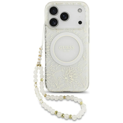 MagSafe ovitek za Apple iPhone 17 Pro, Guess, IML Flowers Allover Electroplated with Pearl Strap, Bela