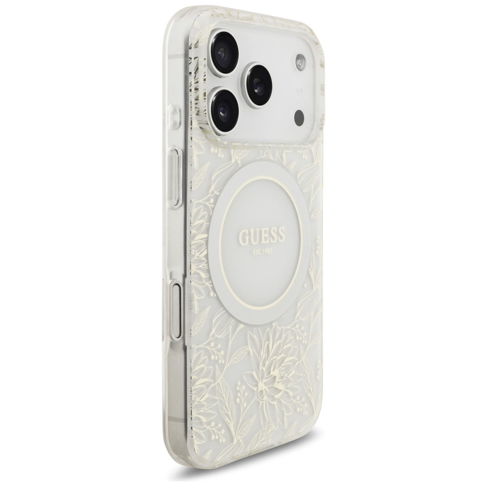 MagSafe ovitek za Apple iPhone 17 Pro, Guess, IML Flowers Allover Electroplated with Pearl Strap, Bela