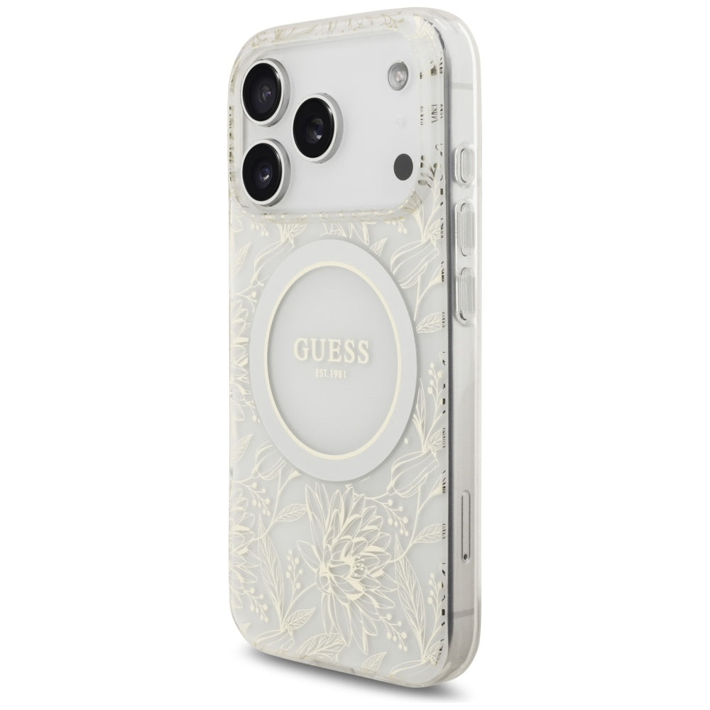 MagSafe ovitek za Apple iPhone 17 Pro, Guess, IML Flowers Allover Electroplated with Pearl Strap, Bela
