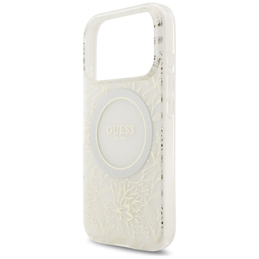MagSafe ovitek za Apple iPhone 17 Pro, Guess, IML Flowers Allover Electroplated with Pearl Strap, Bela