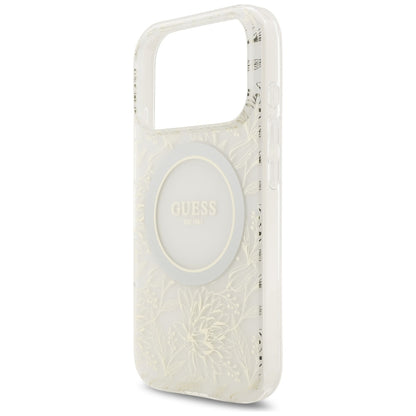 MagSafe ovitek za Apple iPhone 17 Pro, Guess, IML Flowers Allover Electroplated with Pearl Strap, Bela