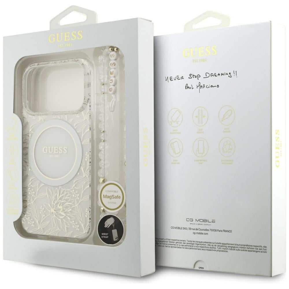 MagSafe ovitek za Apple iPhone 17 Pro, Guess, IML Flowers Allover Electroplated with Pearl Strap, Bela