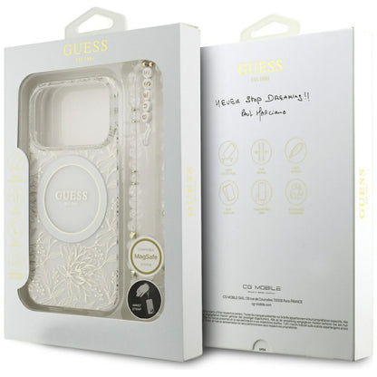 MagSafe ovitek za Apple iPhone 17 Pro, Guess, IML Flowers Allover Electroplated with Pearl Strap, Bela