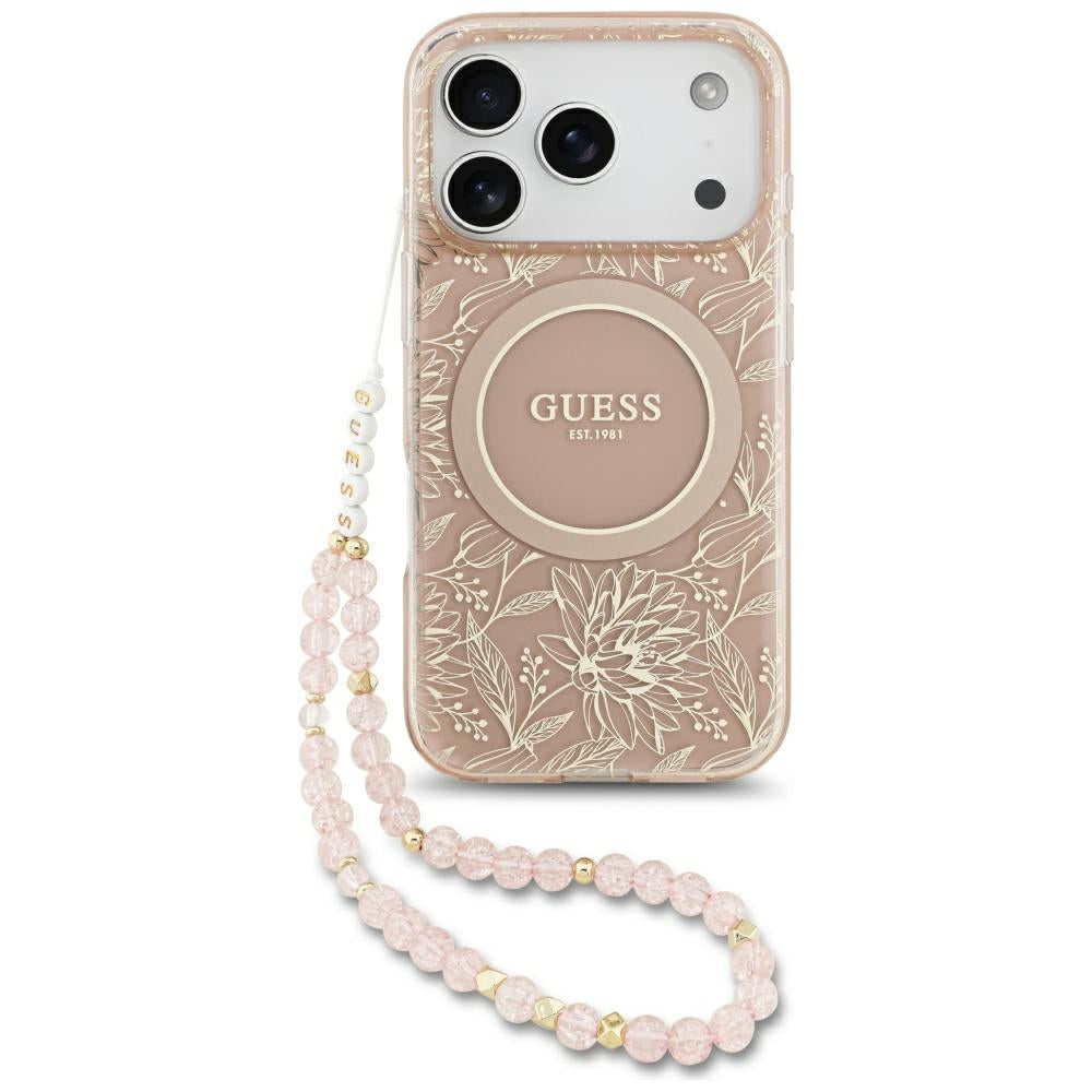 Ovitek MagSafe za Apple iPhone 17 Pro, Guess, IML Flowers Allover Electroplated with Pearl Strap, Roza