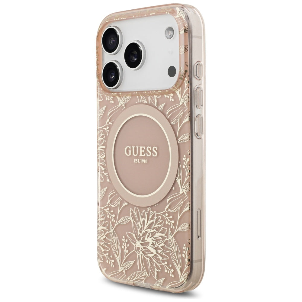 Ovitek MagSafe za Apple iPhone 17 Pro, Guess, IML Flowers Allover Electroplated with Pearl Strap, Roza
