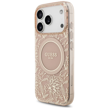 Ovitek MagSafe za Apple iPhone 17 Pro, Guess, IML Flowers Allover Electroplated with Pearl Strap, Roza