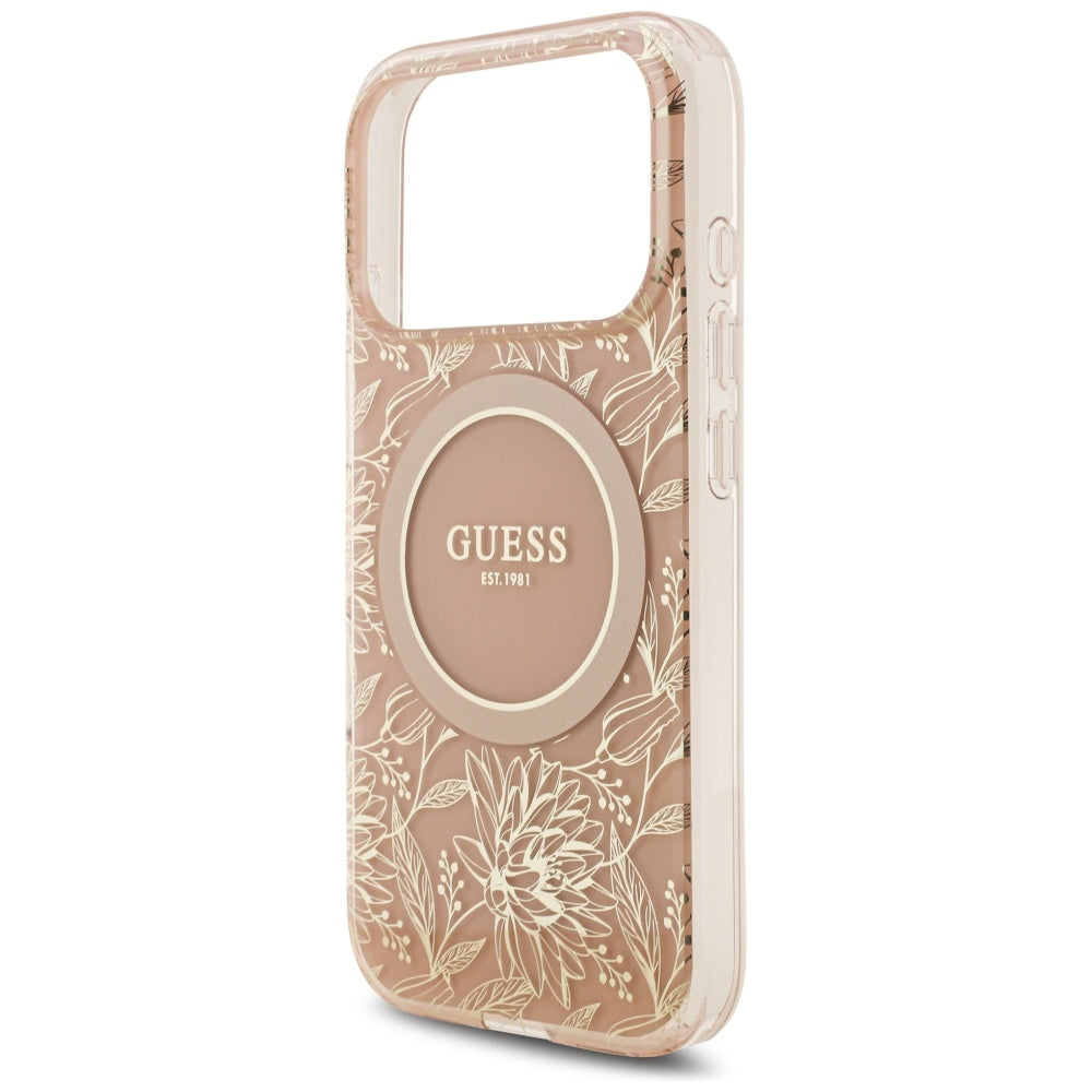 Ovitek MagSafe za Apple iPhone 17 Pro, Guess, IML Flowers Allover Electroplated with Pearl Strap, Roza