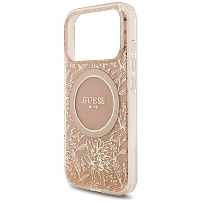 Ovitek MagSafe za Apple iPhone 17 Pro, Guess, IML Flowers Allover Electroplated with Pearl Strap, Roza