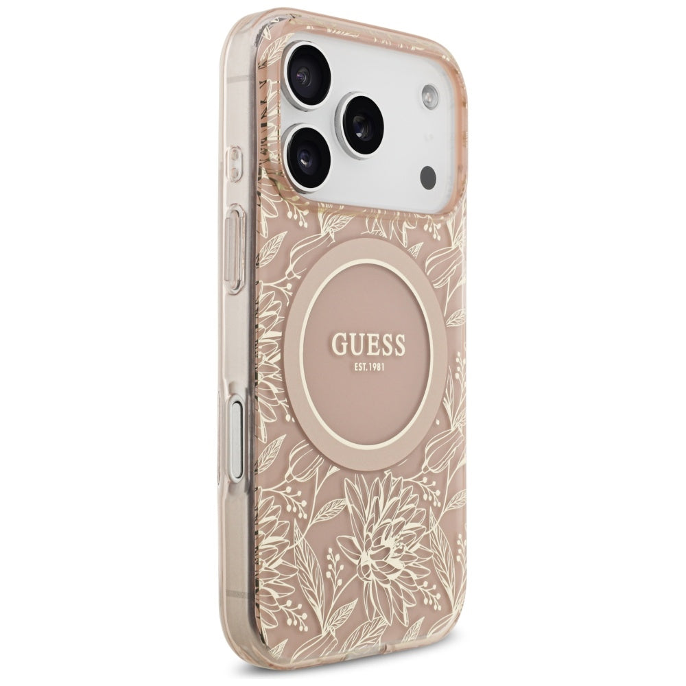 Ovitek MagSafe za Apple iPhone 17 Pro, Guess, IML Flowers Allover Electroplated with Pearl Strap, Roza
