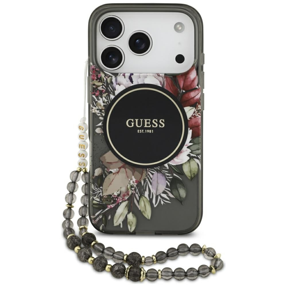 Ovitek MagSafe za Apple iPhone 17 Pro, Guess, IML Flowers with Pearl Strap, črn