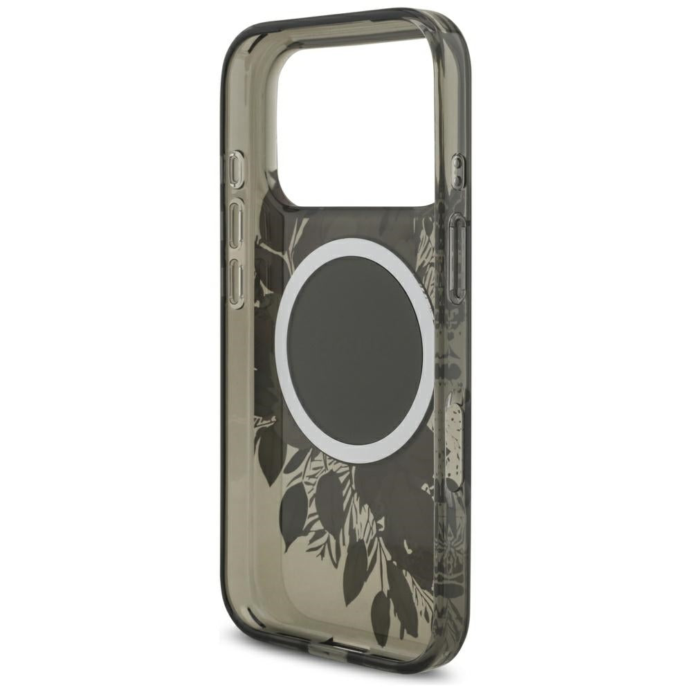Ovitek MagSafe za Apple iPhone 17 Pro, Guess, IML Flowers with Pearl Strap, črn