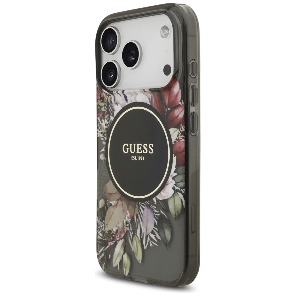 Ovitek MagSafe za Apple iPhone 17 Pro, Guess, IML Flowers with Pearl Strap, črn