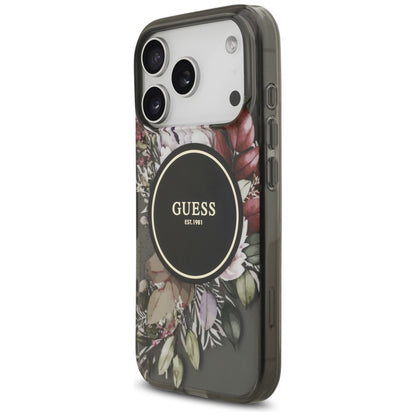 Ovitek MagSafe za Apple iPhone 17 Pro, Guess, IML Flowers with Pearl Strap, črn