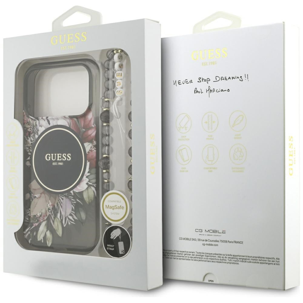 Ovitek MagSafe za Apple iPhone 17 Pro, Guess, IML Flowers with Pearl Strap, črn